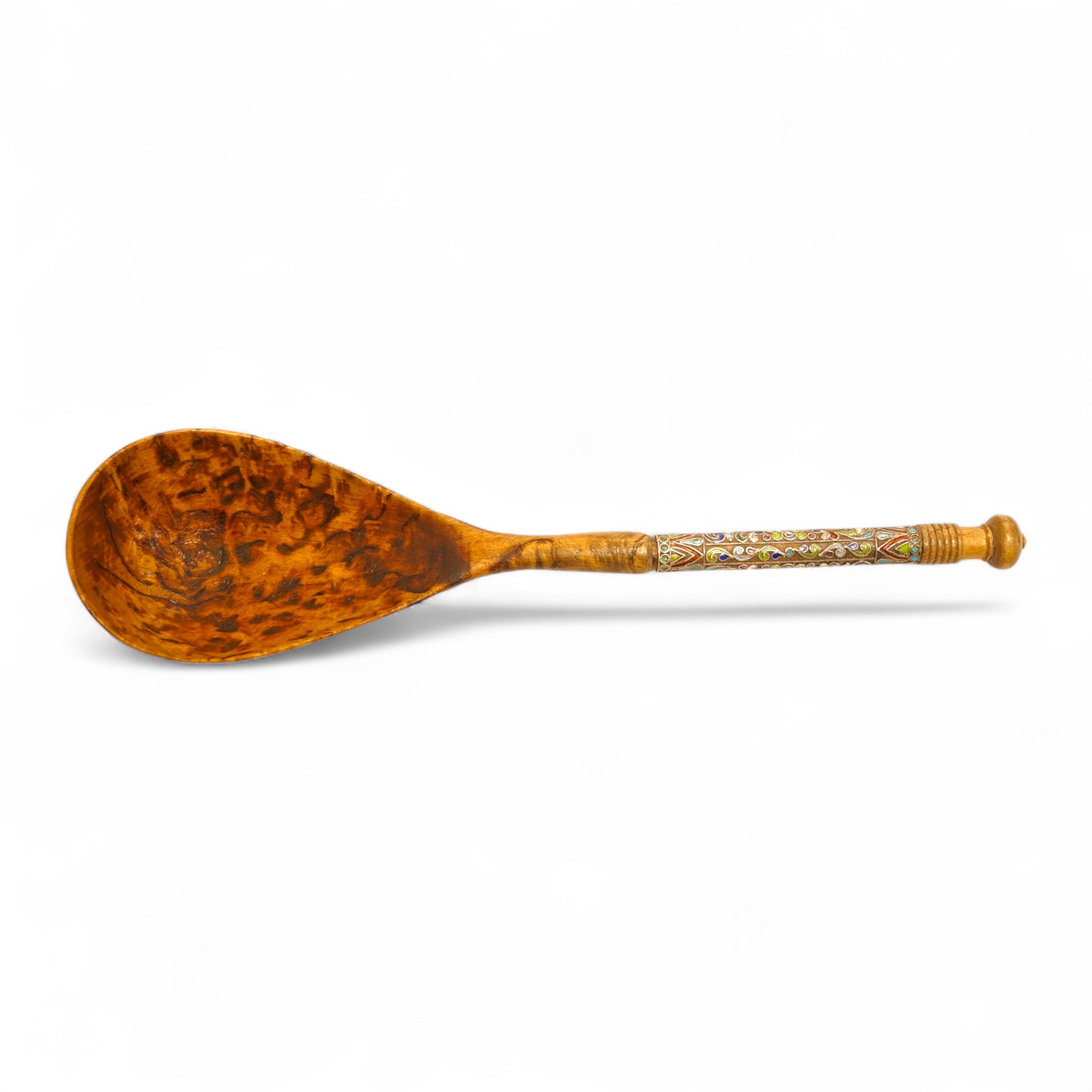 A Russian or eastern European rootwood spoon with enamel handle, 24cm in length